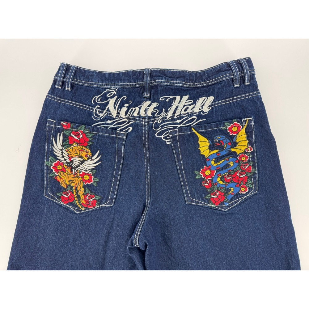 Ninth Hall Embroidered Y2K Jeans mens 36x31 Dragon Tiger Roses Wide Streetwear - Picture 2 of 16
